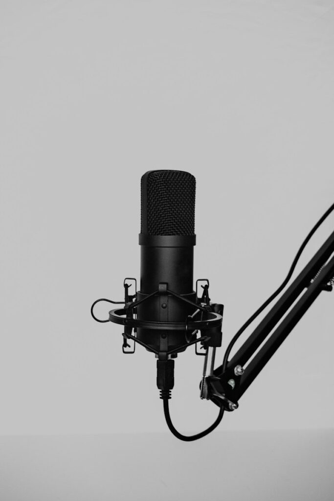 Micrófono de condensador con soporte antivibración en un estudio